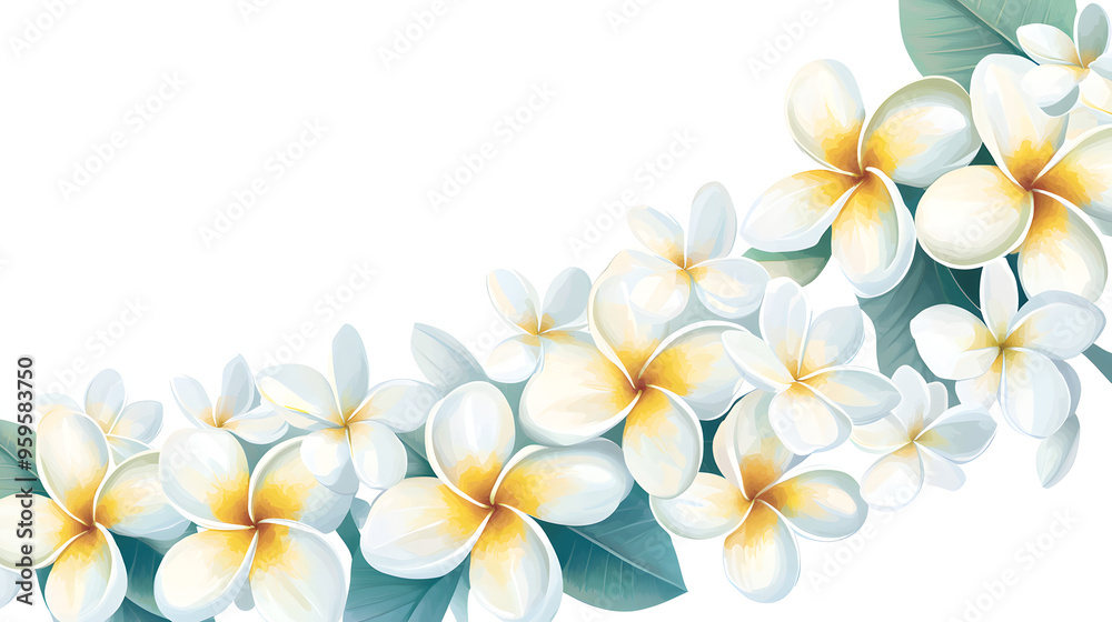 Fototapeta premium A flat vector illustration of a Plumeria border, intricate pattern with overlapping flowers , With some space in the area for text, soft pastel shades, painted with subtle textures