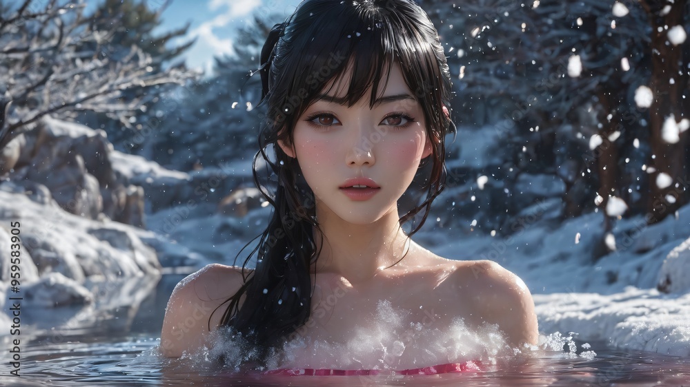 semi realistic artwork close up beautiful japanese or asian women under the rains and snow with cool background semi realistic artwork close up beautiful japanese or asian women under the rains and snow with cool background