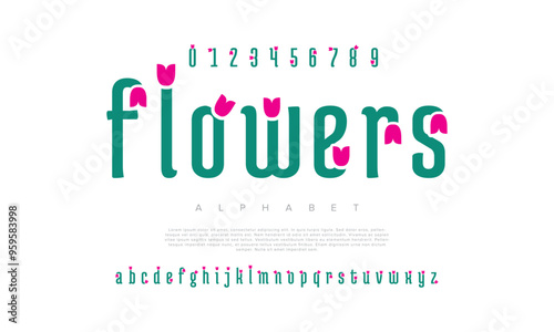 Flowers creative modern geometric urban alphabet font. Digital abstract futuristic, game, techno, robot, music, logo, sport, minimal technology typography. Simple numeric vector illustration