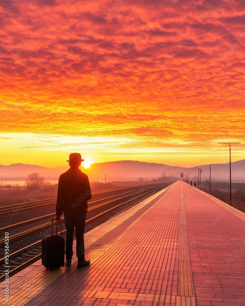 Fototapeta premium Person standing at a train station platform at dawn, ready to embark on a new adventure.