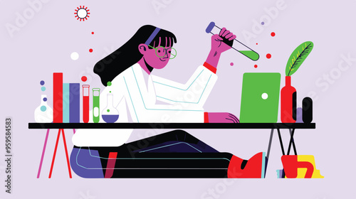 A flat illustration of a female scientist with glasses, in her laboratory white background,
