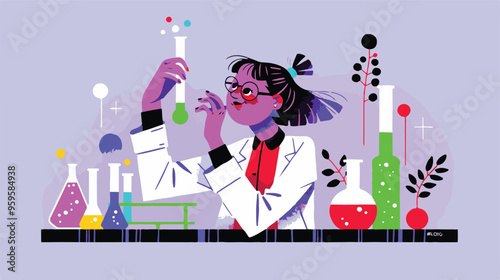 A flat illustration of a female scientist with glasses, in her laboratory white background,
