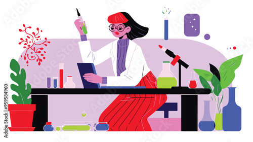 A flat illustration of a female scientist with glasses, in her laboratory white background,
