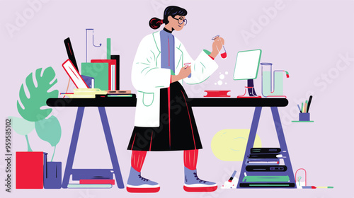 A flat illustration of a female scientist with glasses, in her laboratory white background,
