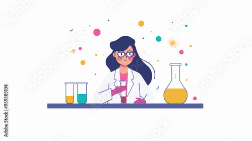 A flat illustration of a female scientist with glasses, in her laboratory white background,
