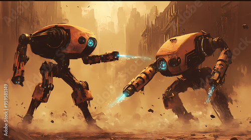 Fighting robots, illustration. Dystopian. Illustration photo