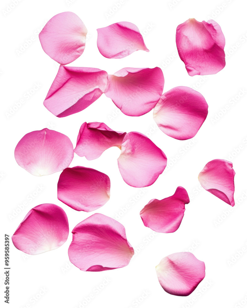 Fototapeta premium Pink rose petals on white background, cut out - stock png.