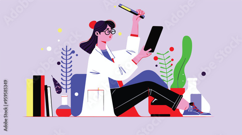 A flat illustration of a female scientist with glasses, in her laboratory white background,
