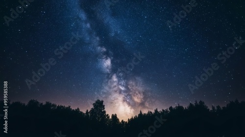 A dark forest silhouette against a backdrop of a vast, starry night sky with the Milky Way Galaxy visible.