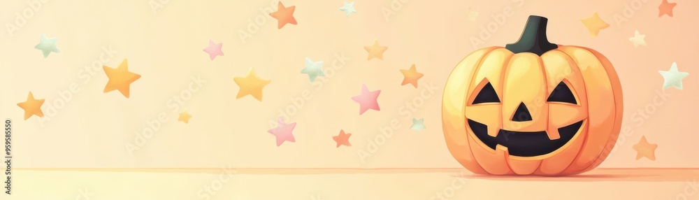A cheerful Halloween pumpkin with a smiling face against a pastel star background, perfect for seasonal decorations and themes. A cheerful Halloween pumpkin with a smiling face against a pastel star background, perfect for seasonal decorations and themes.