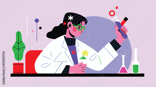 A flat illustration of a female scientist with glasses, in her laboratory white background,
