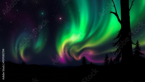 Green and purple aurora borealis illuminate the night sky.