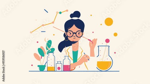 A flat illustration of a female scientist with glasses, in her laboratory white background,
