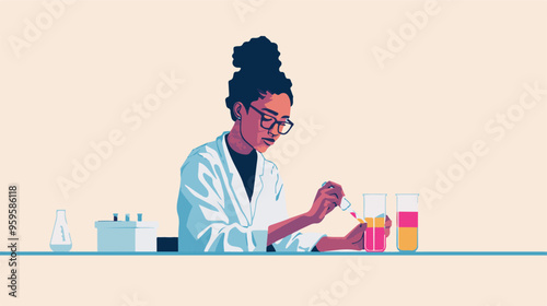 A flat illustration of a female scientist with glasses, in her laboratory white background,
