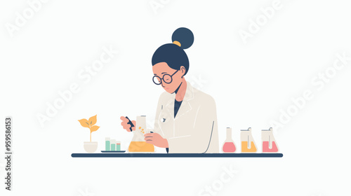 A flat illustration of a female scientist with glasses, in her laboratory white background,
