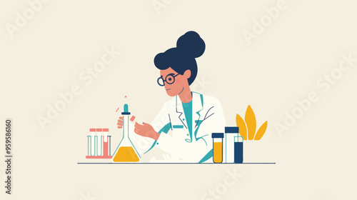 A flat illustration of a female scientist with glasses, in her laboratory white background,
