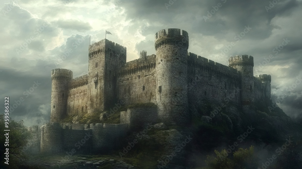 Fototapeta premium A medieval castle sits atop a hill with a stormy sky above.