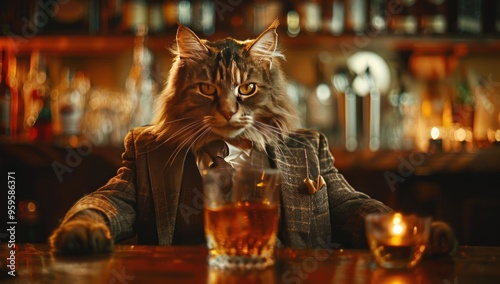 Cat in a Suit Enjoying a Drink at the Bar