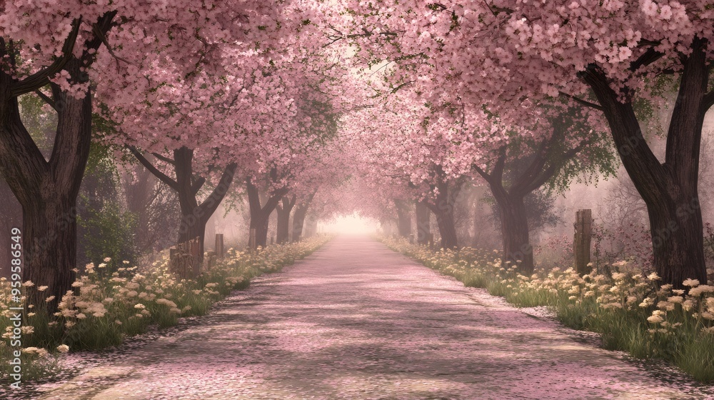 A misty path lined with pink blossom trees leading towards a radiant light in the distance. A misty path lined with pink blossom trees leading towards a radiant light in the distance.