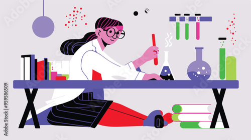 A flat illustration of a female scientist with glasses, in her laboratory white background,
