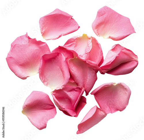 Delicate pink rose petals scattered on a surface, cut out - stock png.