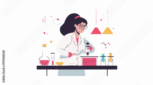 A flat illustration of a female scientist with glasses, in her laboratory white background,
