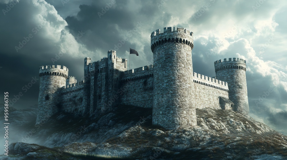 A medieval stone castle sits on a rocky hill with dramatic stormy clouds in the sky.
