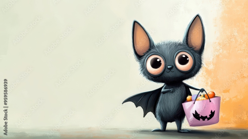 A cute cartoon bat holding a Halloween basket filled with treats, perfect for festive designs and Halloween-themed projects.