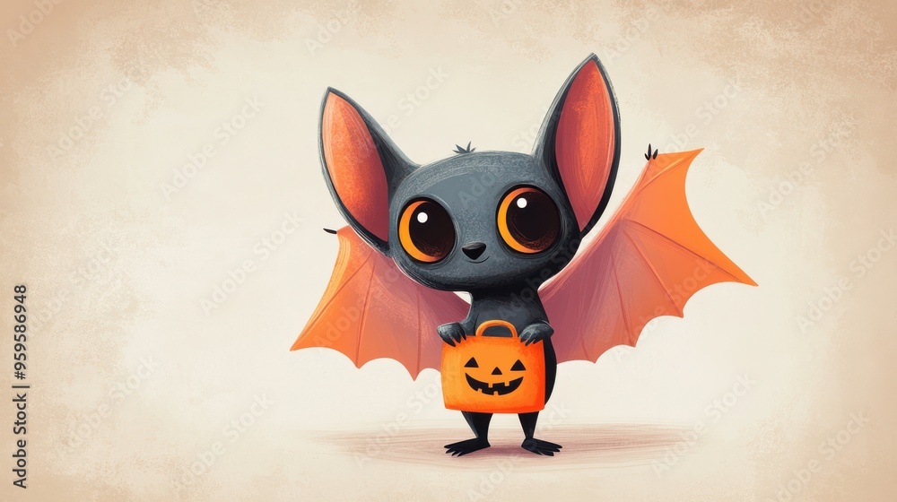 A cute cartoon bat holding a Halloween pumpkin basket, perfect for festive decorations and seasonal designs. A cute cartoon bat holding a Halloween pumpkin basket, perfect for festive decorations and seasonal designs.
