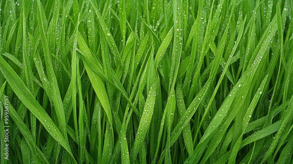 Fototapeta premium Morning dew on fresh green grass, symbolizing the freshness of a new start.