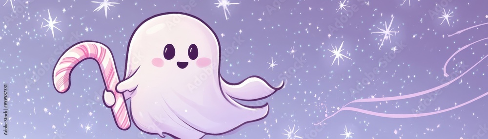 A cute cartoon ghost holding a candy cane, surrounded by sparkling stars, perfect for festive or whimsical designs. A cute cartoon ghost holding a candy cane, surrounded by sparkling stars, perfect for festive or whimsical designs.