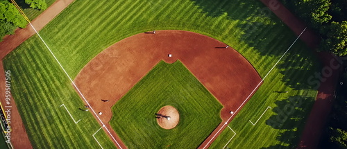 aerial view of a [baseball] field with white lines, empty except for a few players training in the distance, captured from directly overhead by a drone 