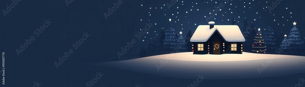 Fototapeta premium Snow-covered cabin with Christmas lights, peaceful night, flat design illustration
