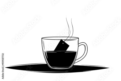 Black tea bag steeping in a clear cup of hot water on a table, vector illustration art