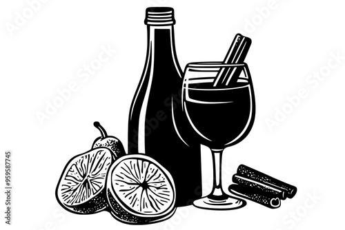 Bottle and glass of cider displayed with fresh apples and cinnamon sticks, vector illustration art