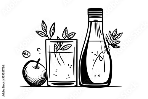 Bottle of apple cider next to a glass filled with liquid and a sprig of herbs, vector illustration art