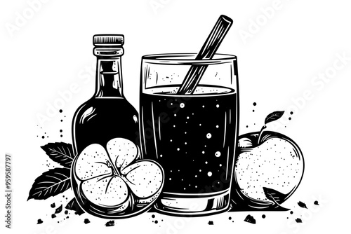 Bottle and glass of cider displayed with fresh apples and cinnamon sticks, vector illustration art