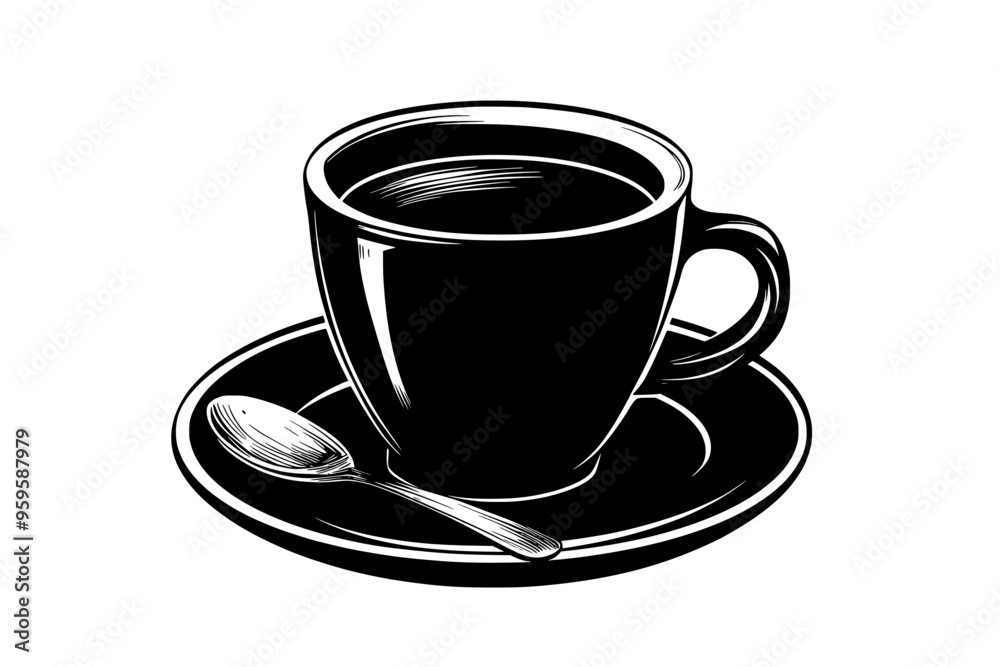 Ceramic mug filled with coffee, accompanied by a metal spoon on a saucer, vector illustration art Ceramic mug filled with coffee, accompanied by a metal spoon on a saucer, vector illustration art
