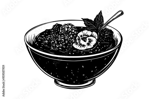 Bowl filled with a thick acai smoothie, decorated with granola and fruit slices, vector illustration art