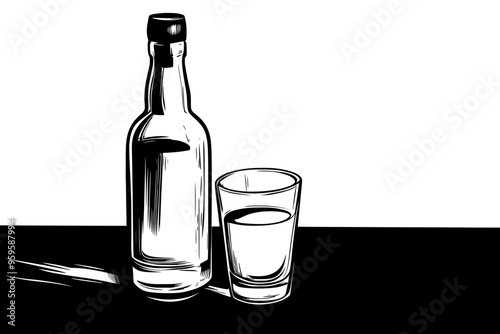 Clear bottle of vodka beside a shot glass filled with the spirit, vector illustration art