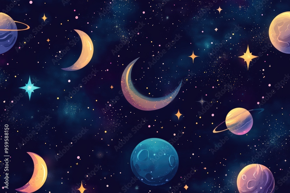 Fototapeta premium Pattern of mystical celestial elements, such as moons, stars, and planets, in a dark, starry background. 