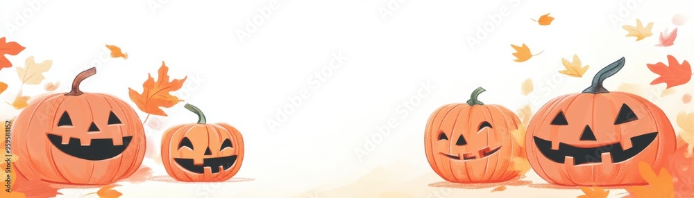 A festive collection of playful pumpkins surrounded by colorful autumn leaves, perfect for Halloween-themed designs.