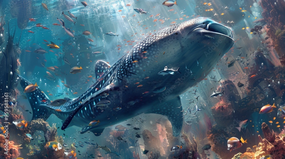 Fototapeta premium Whale Shark Underwater with Fish and Coral Reef
