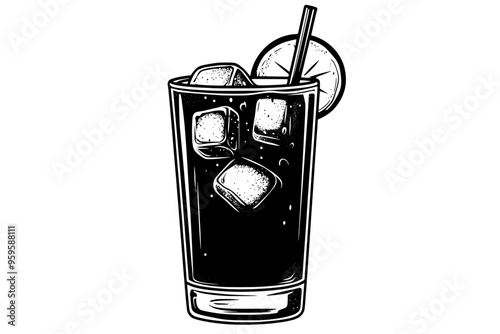 Collins glass with a beverage, ice cubes, and a cucumber slice on the rim, vector illustration art