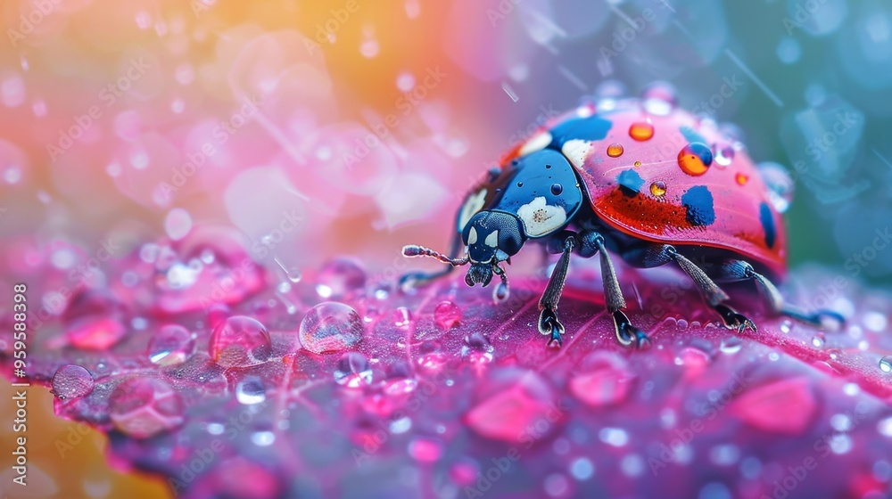 Fototapeta premium Ladybug on Pink Leaf with Rain Drops and Bokeh