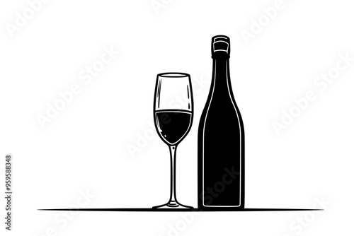 Filled flute glass and corked sparkling wine bottle on a table, vector illustration art