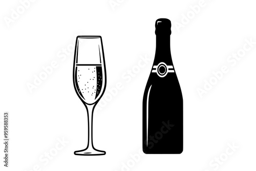 Filled flute glass of sparkling wine beside unopened bottle, vector illustration art