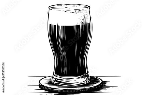 Filled pint glass of amber ale on a coaster with wooden background, vector illustration art photo