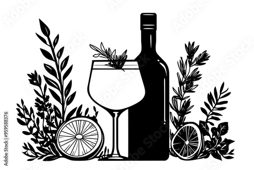 Filled glass of gin beside a bottle with lemon slices and herbs, vector illustration art