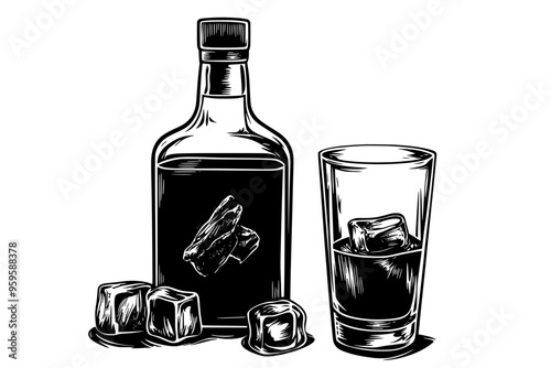 Filled glass of whiskey beside a sealed bottle with ice cubes, vector illustration art